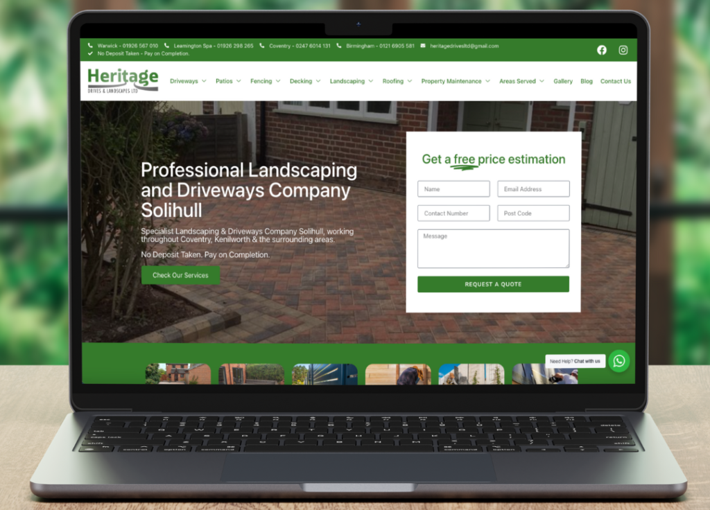 Heritage Drives and Landscapes website shown on a laptop