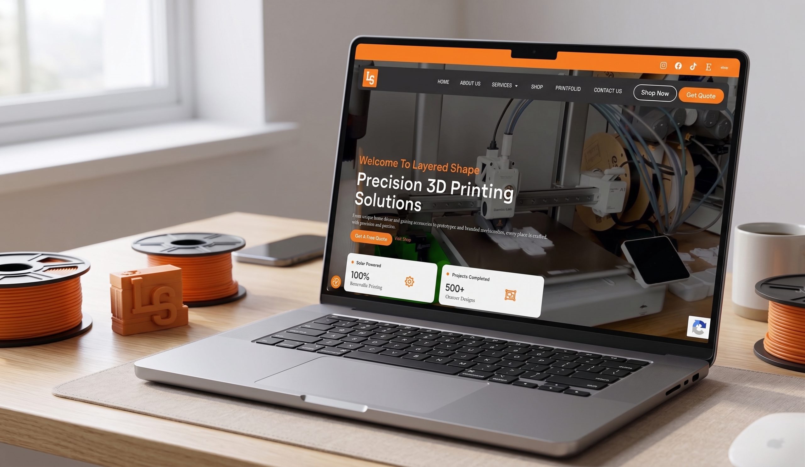 Layered Shape 3D printing website shown on a laptop