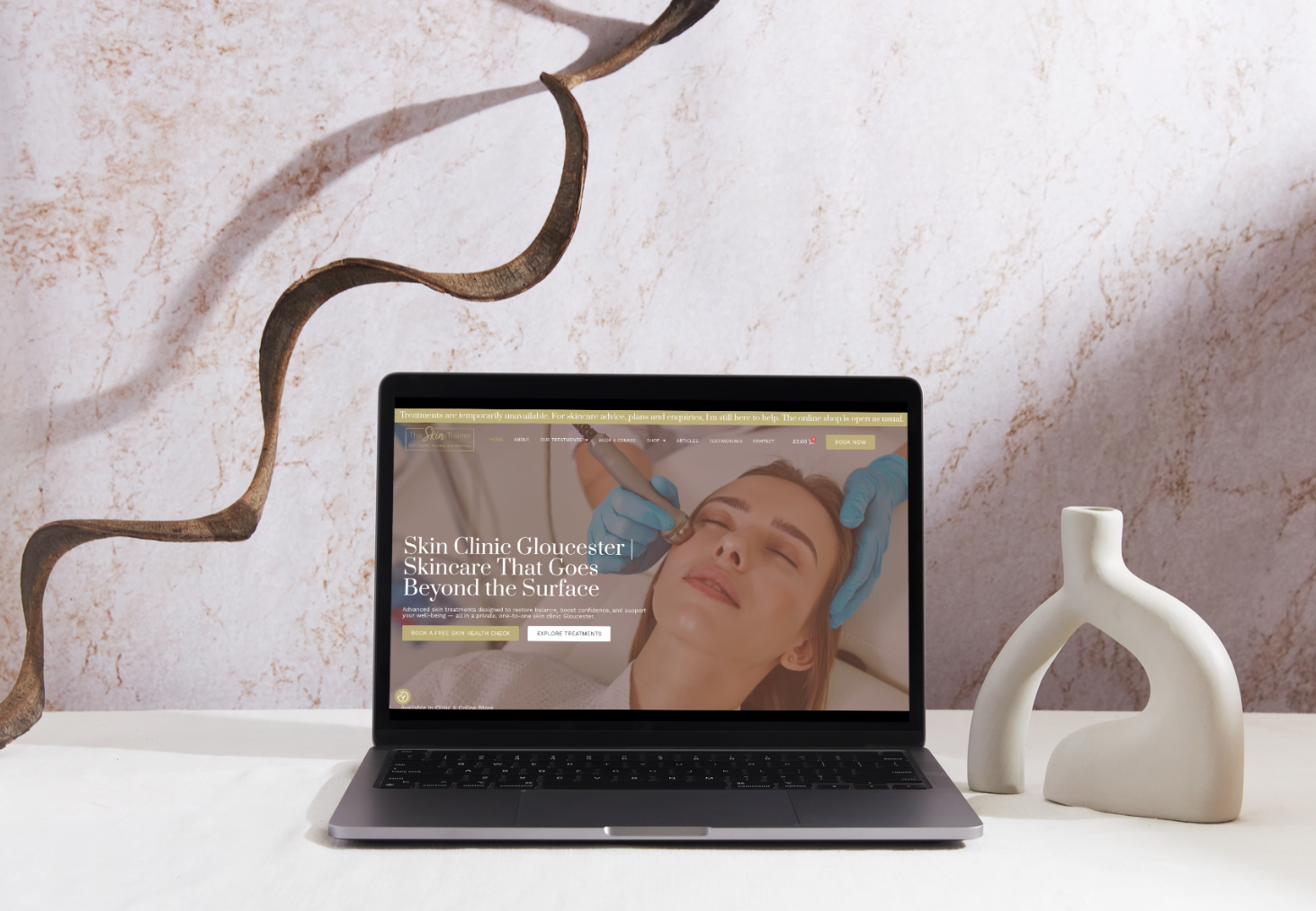 The Skin Trainer website shown on a laptop