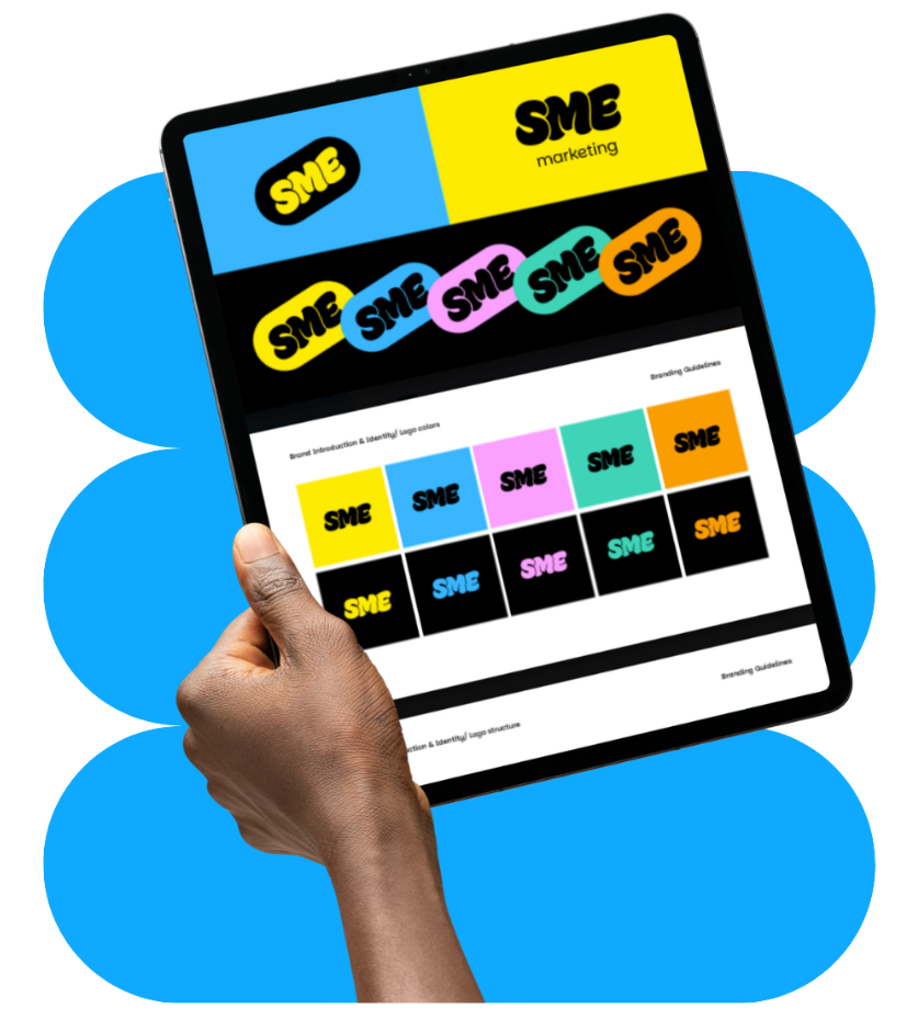 Hand holding a tablet showing SME marketing brand guidelines and logo colours